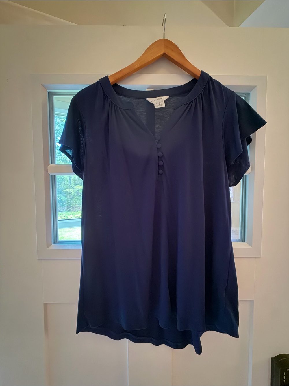 Liz Claiborne Short-Sleeve Navy Blouse with Button Placket